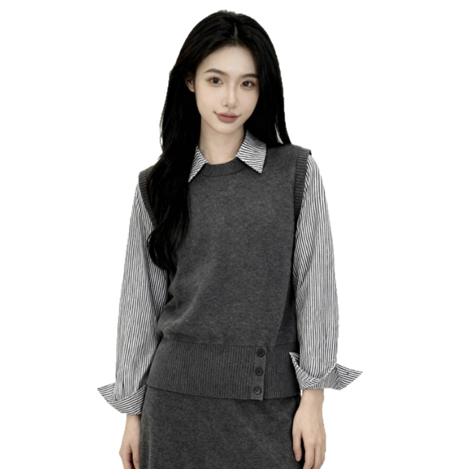レディースベスト 新作ニットベスト ストライプシャツ重ね着風セット
