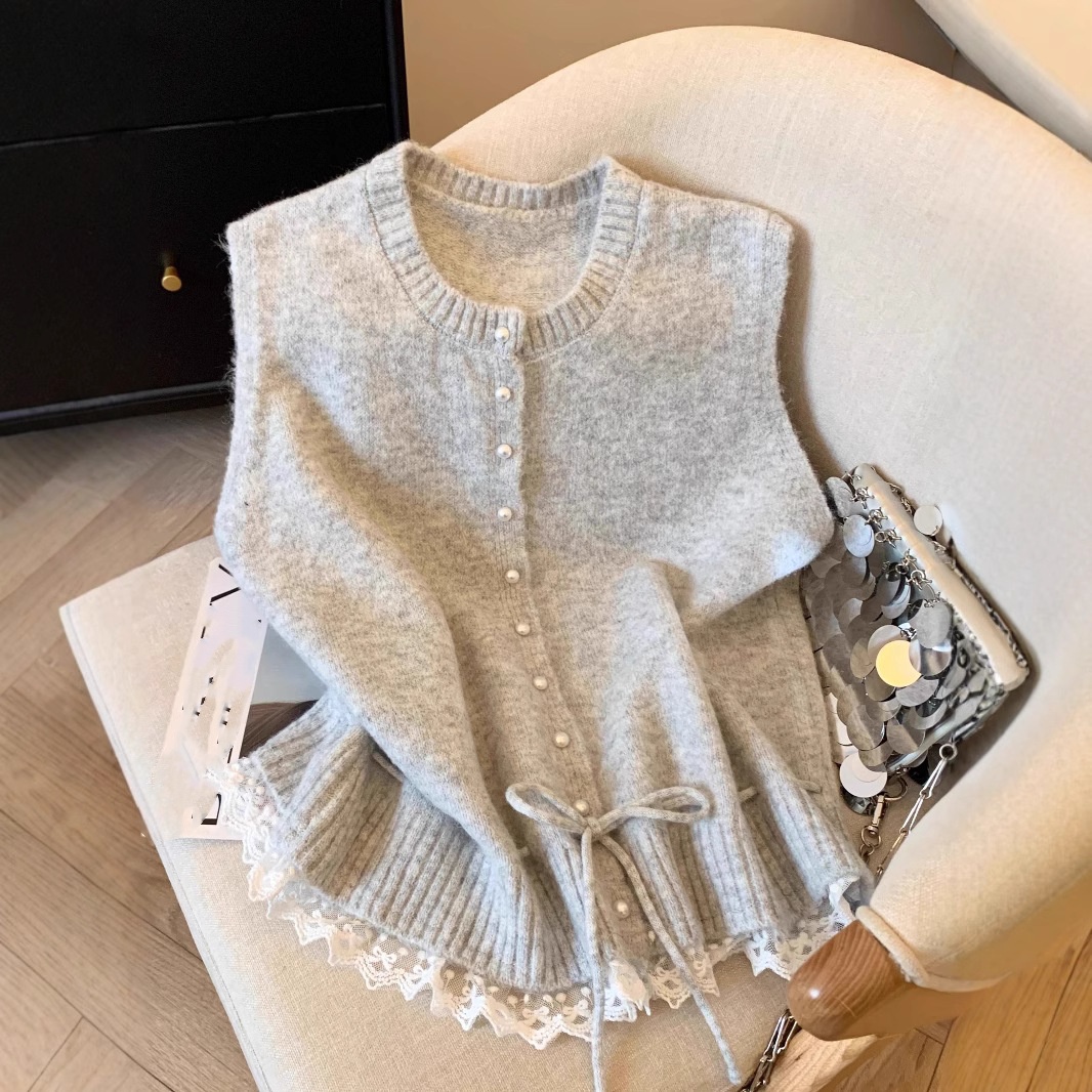 レディースベスト 韓国風ニットベスト レース裾パール釦 袖なしカーディガン