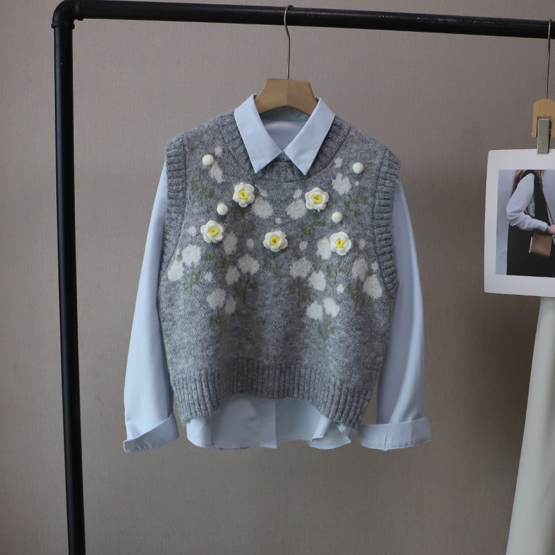 レディースベスト 花柄刺繍ニットベスト重ね着風韓国風レディーストップス