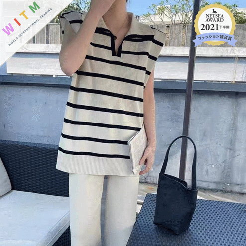 レディースベスト 春夏新作 ボーダー柄ニットベスト 袖なしトップス