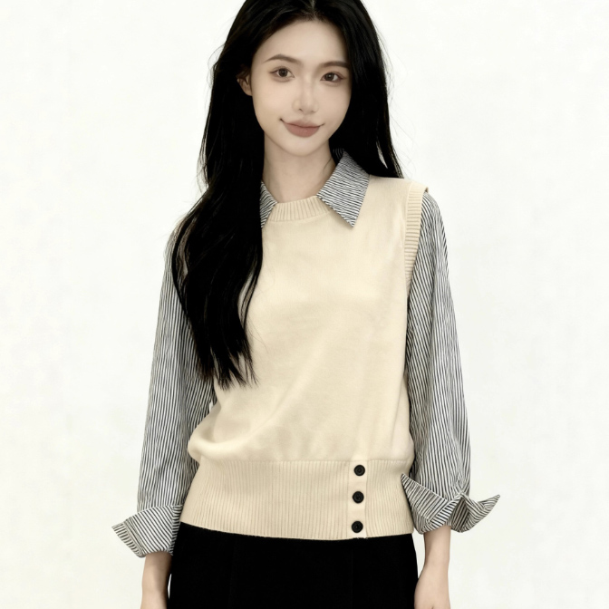 レディースベスト 新作ニットベスト ストライプシャツ重ね着風セット