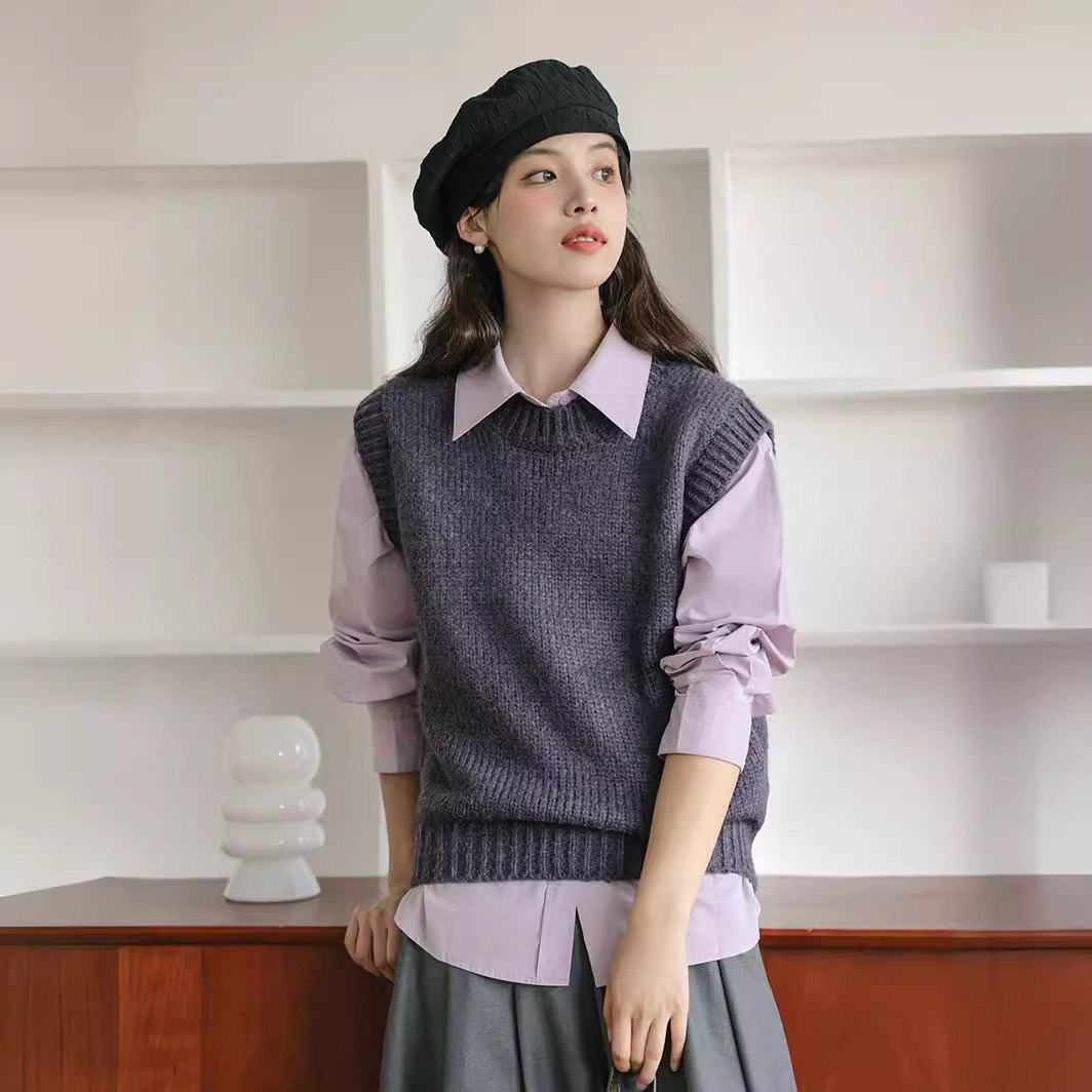 レディースベスト レディースニットベスト重ね着風長袖ブラウス2色セット