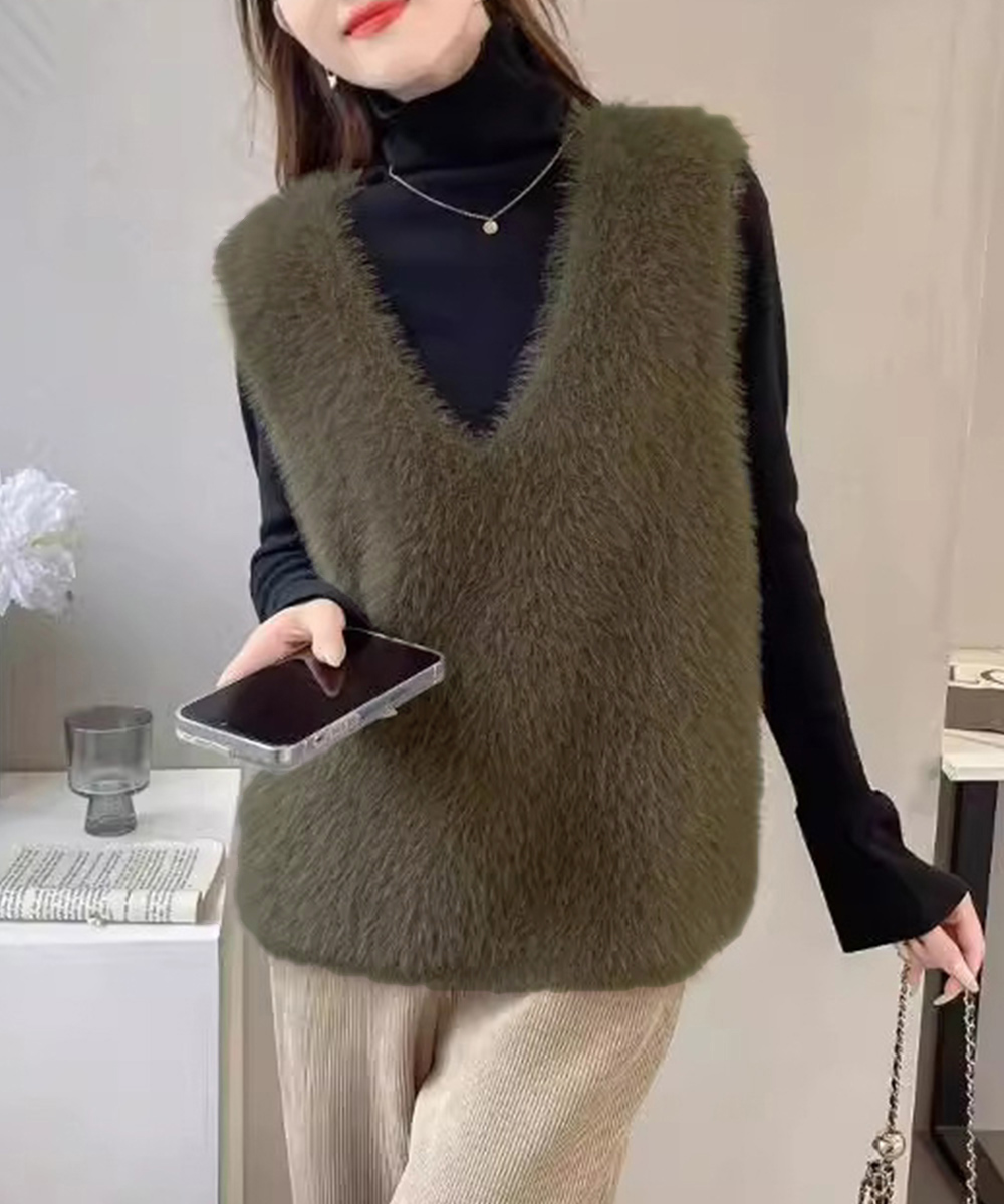 レディースベスト ふわふわ起毛フェザーニット ブイネックベスト
