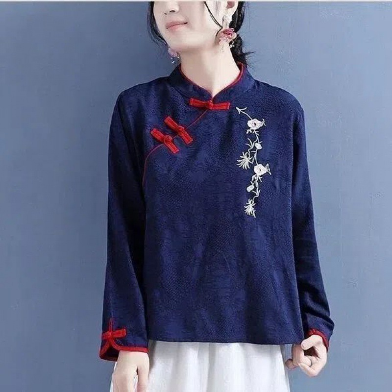 チャイナ服 花刺繍唐装ボタン長袖チャイナブラウス