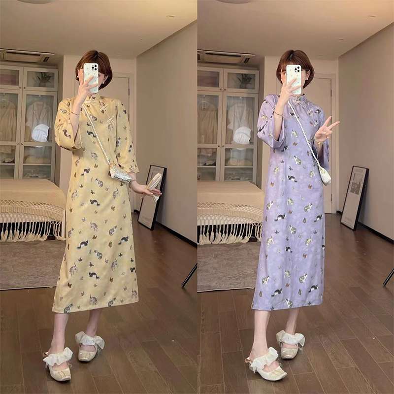 チャイナ服  ネコ柄チャイナ風ワンピース