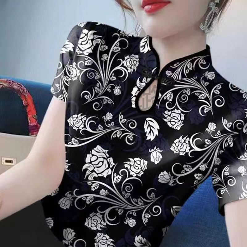 チャイナ服 薔薇唐草模様の立ち襟チャイナブラウス