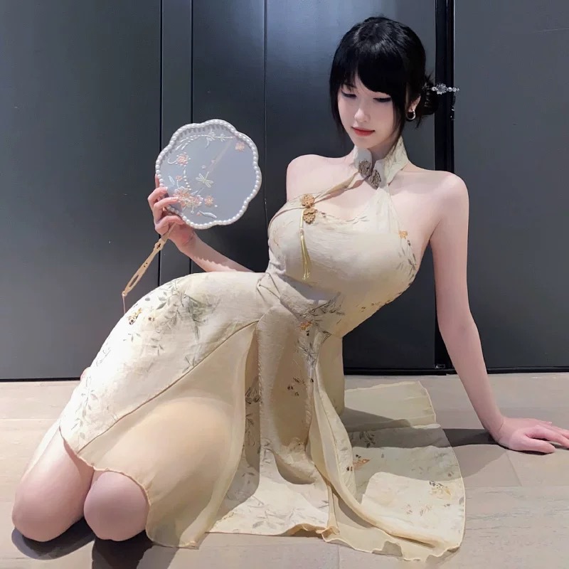 チャイナ服 花鳥刺繍ホルターネック改良チャイナ風ワンピース