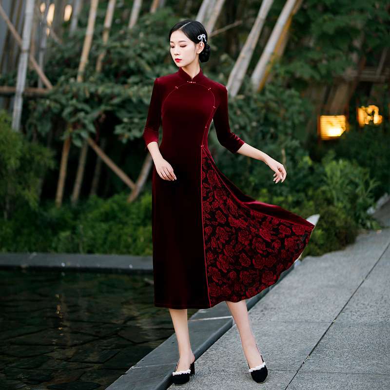 チャイナ服 優雅な花柄スリットチャイナドレス