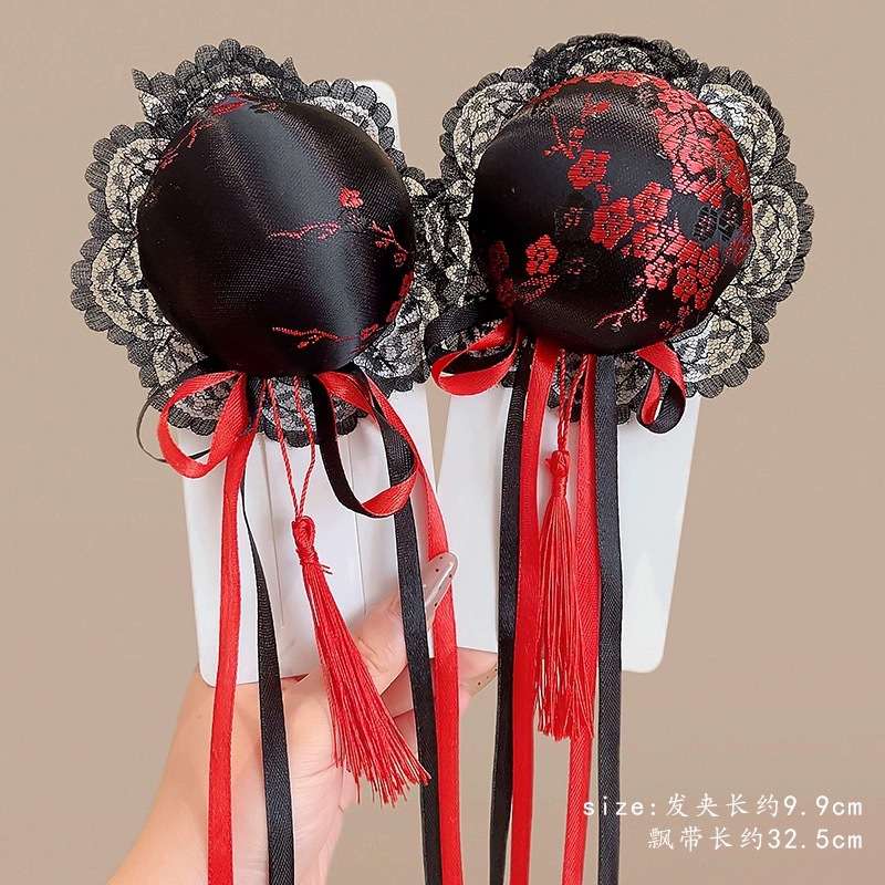 チャイナ服 唐風リボン付き花柄玉飾り髪飾り