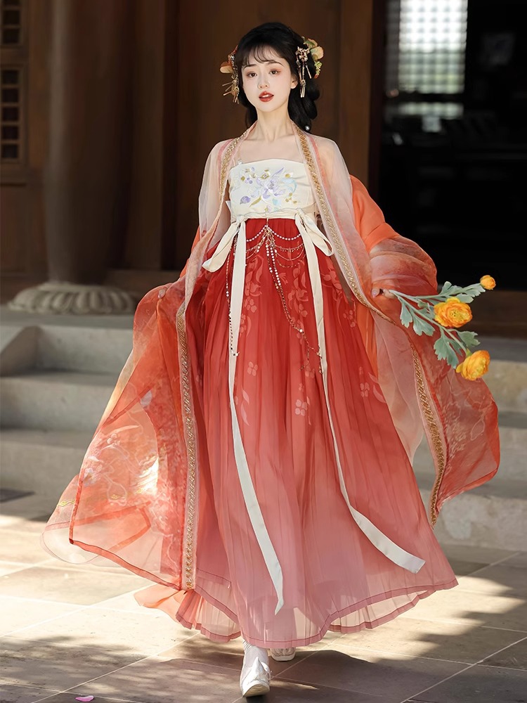 チャイナ服 花刺繍チャイナ風漢服ロングドレスセット