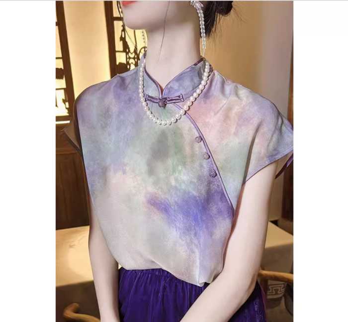 チャイナ服 虹色 チャイナシャツ ラウンドネック