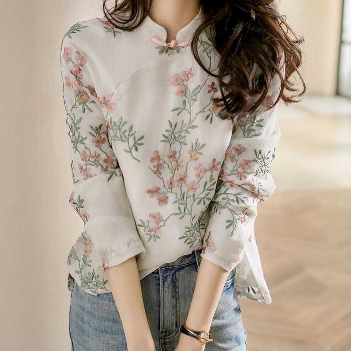 チャイナ服　桃の花がレトロなチャイナブラウス