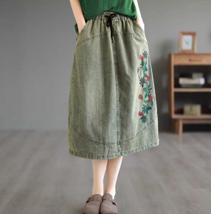 チャイナ服 刺繍入り デニム風 チャイナスカート