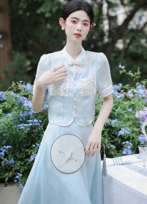 チャイナ服 ブルー チャイナセットアップ