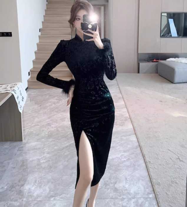 チャイナ服 スリット セクシー ブラックチャイナドレス