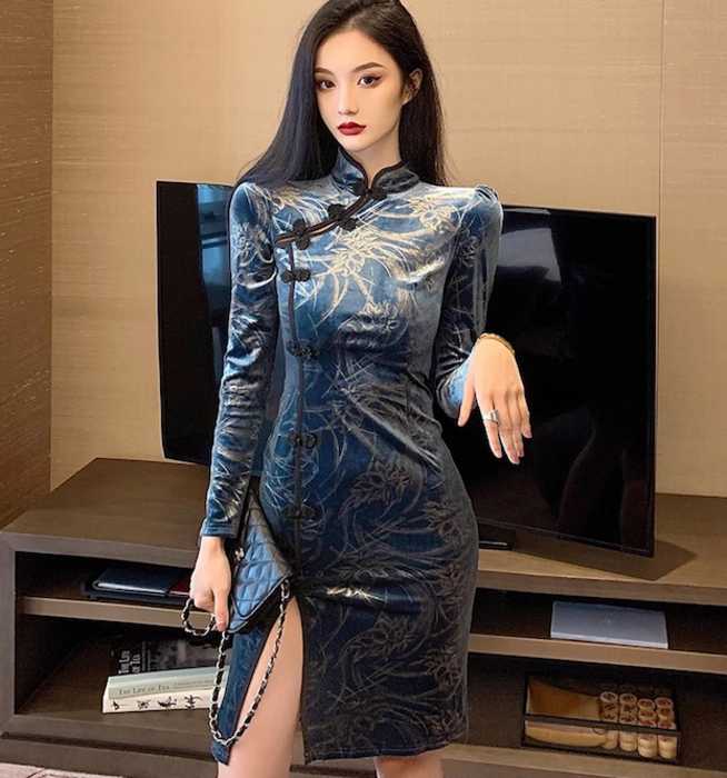 チャイナ服　レトロなブルーカラーのベルベットチャイナドレス