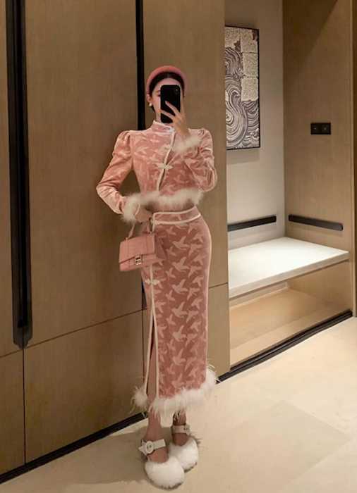 チャイナ服 ピンクベルベット生地 チャイナドレス