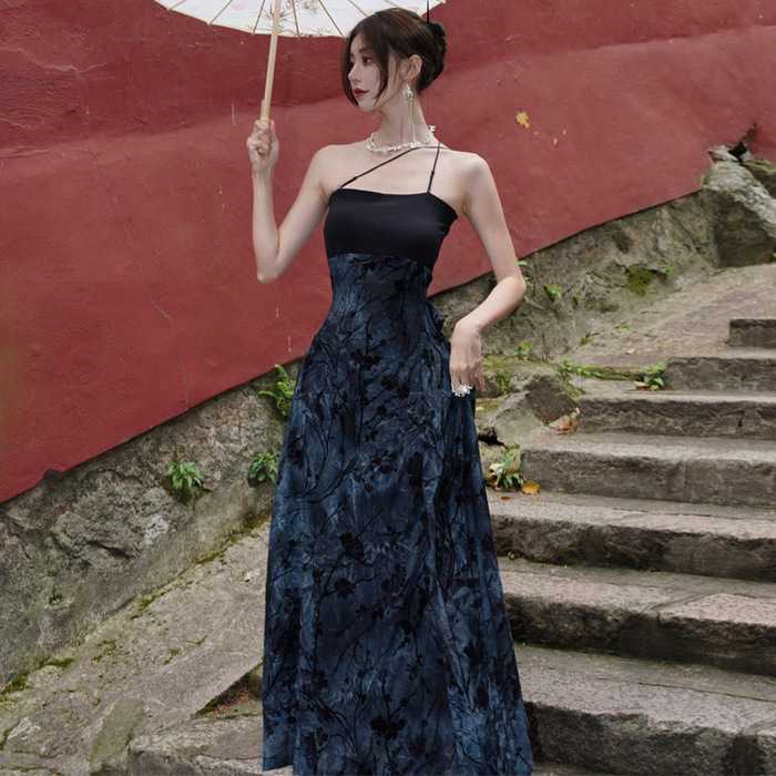チャイナ服　ブラックブルー　ゴシックデザインキャミソールチャイナドレス