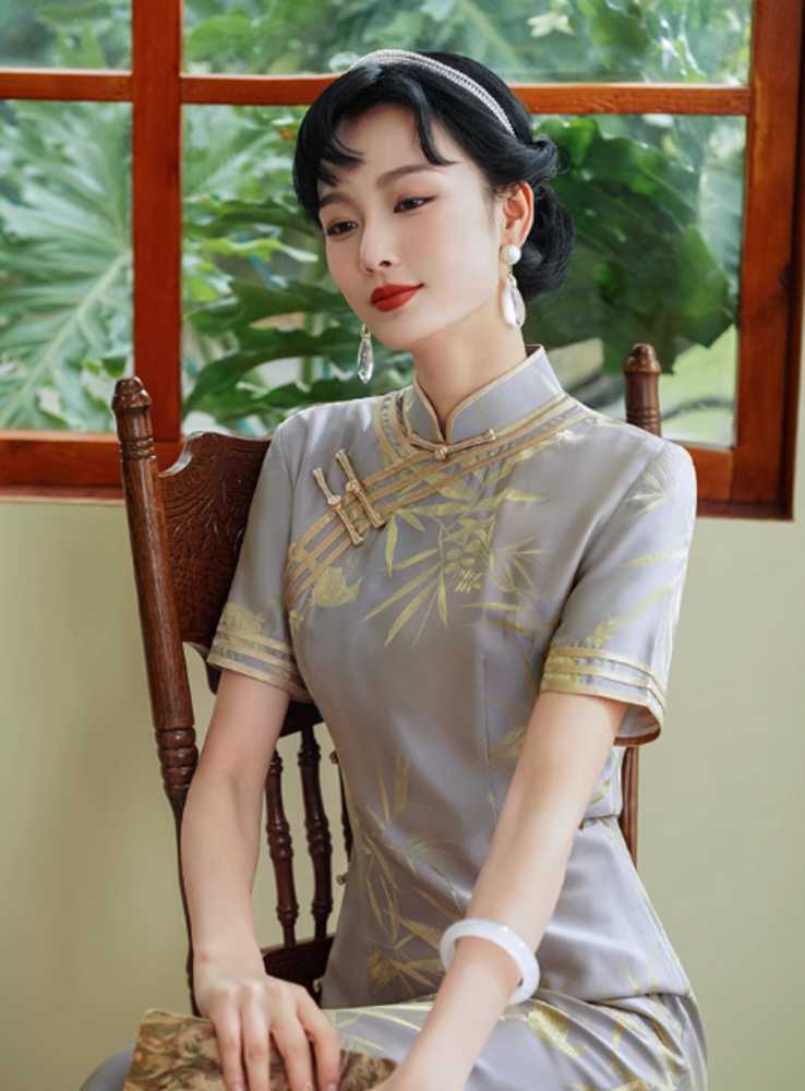 チャイナ服 グレー ゴールドライン ドレス
