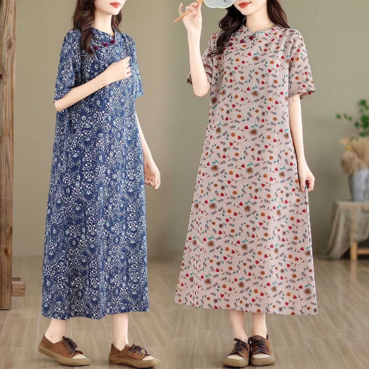 チャイナ服  花柄チャイナカラーロングワンピース