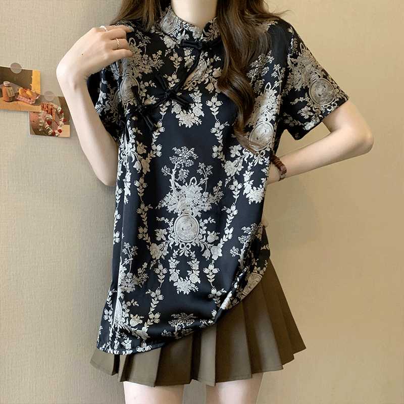 チャイナ服  優雅な花柄チャイナ風半袖シャツ