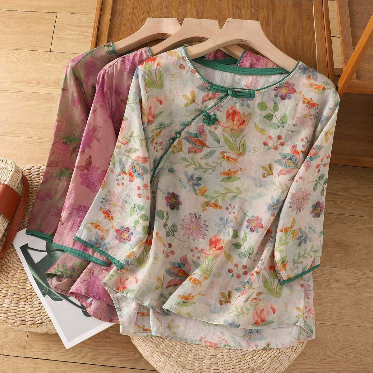 チャイナ服  花柄チャイナ風シャツブラウス