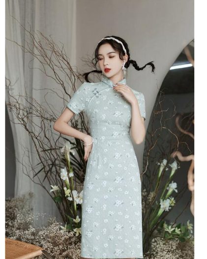 小花柄刺繍入り立襟半袖チャイナドレス