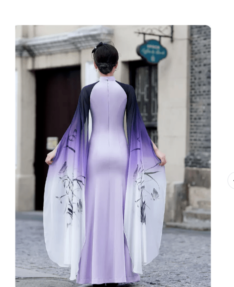 蓮花刺繍入り透け感袖付きロングチャイナドレス