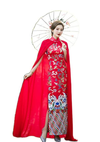 鳳凰刺繍豪華ケープ付きロング丈チャイナ服