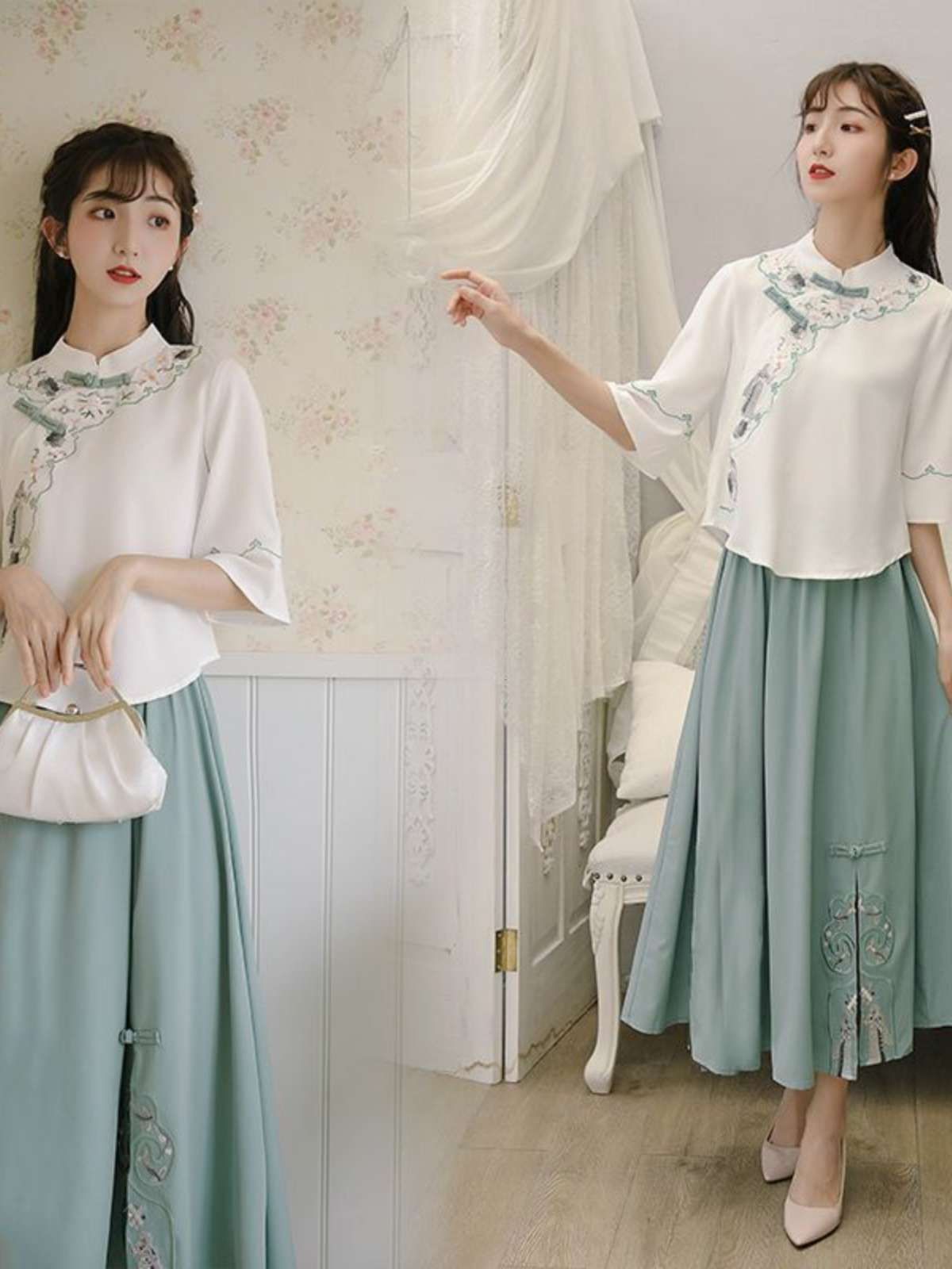 moca様用 ozzon チャイナトップス 華 美品/華模様のチャイナスカート チャイナ服 上下セット トップス スカート お得なセット 民族衣装風