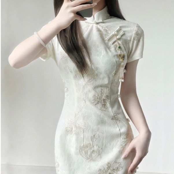 チャイナ服 花鳥刺繍入り立襟半袖チャイナ風ロングドレス