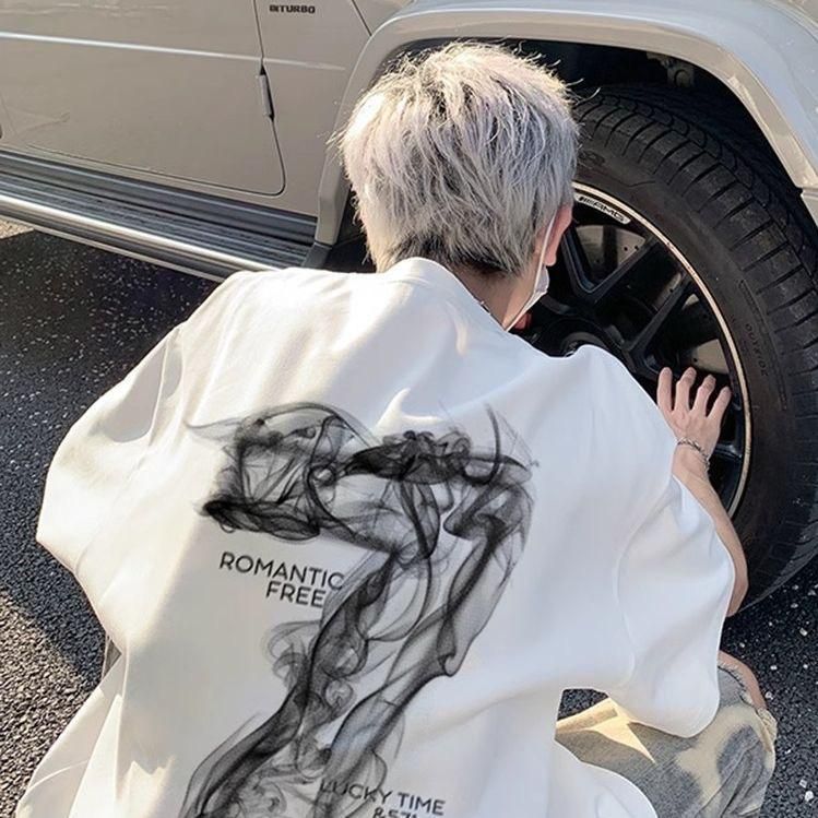 チャイナ服 煙流グラフィック半袖メンズオーバーサイズ丸首Tシャツ