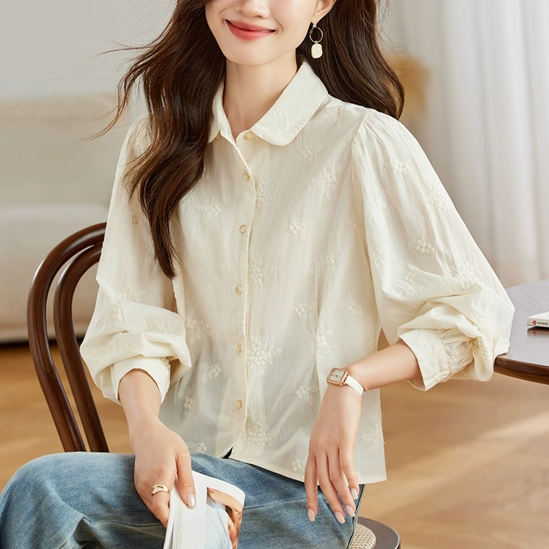 チャイナ服 花柄刺繍ふんわり袖シャツ風チャイナ服