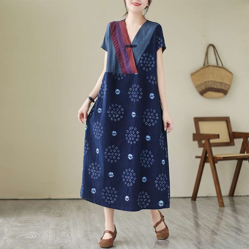 チャイナ服  花柄プリントチャイナカラーロングワンピース