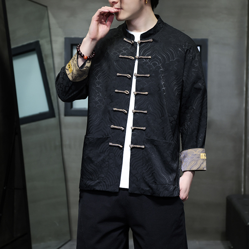 チャイナ服 龍雲柄刺繍入り唐装ボタン七分袖シャツ