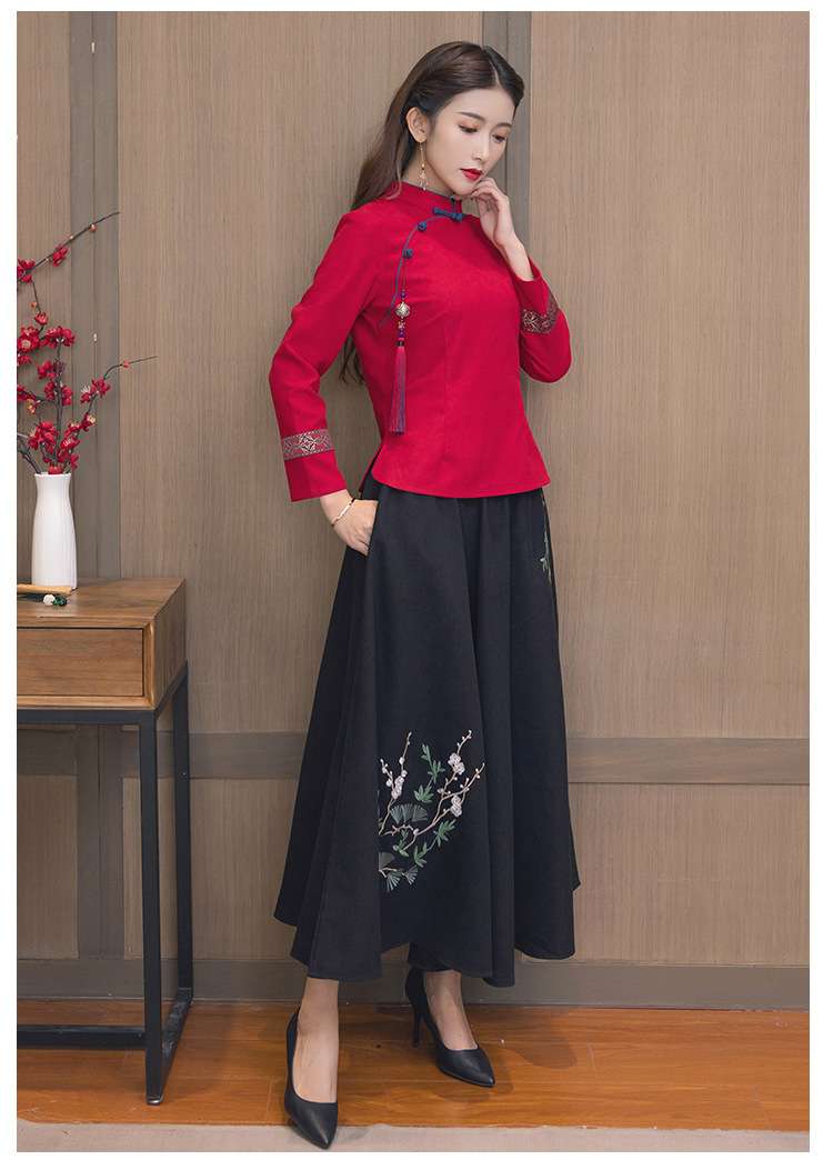 チャイナ服 チャイナカラー花柄刺繍ブラウス
