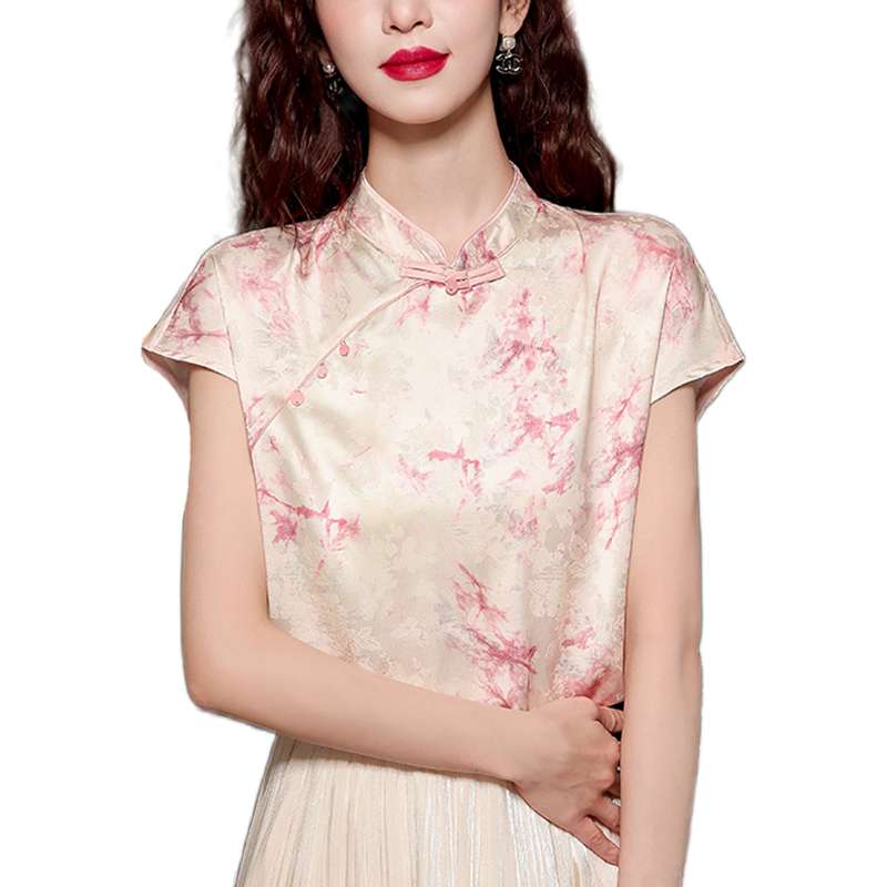 チャイナ服  優雅な桜模様チャイナカラーブラウス