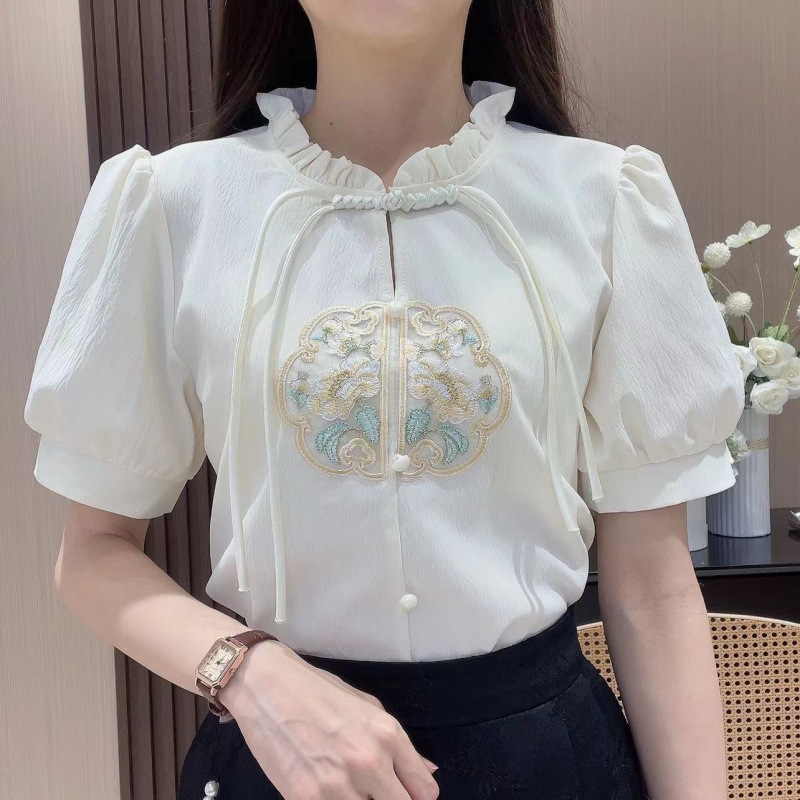 チャイナ服 華やか刺繍入りパフスリーブチャイナ風シャツ