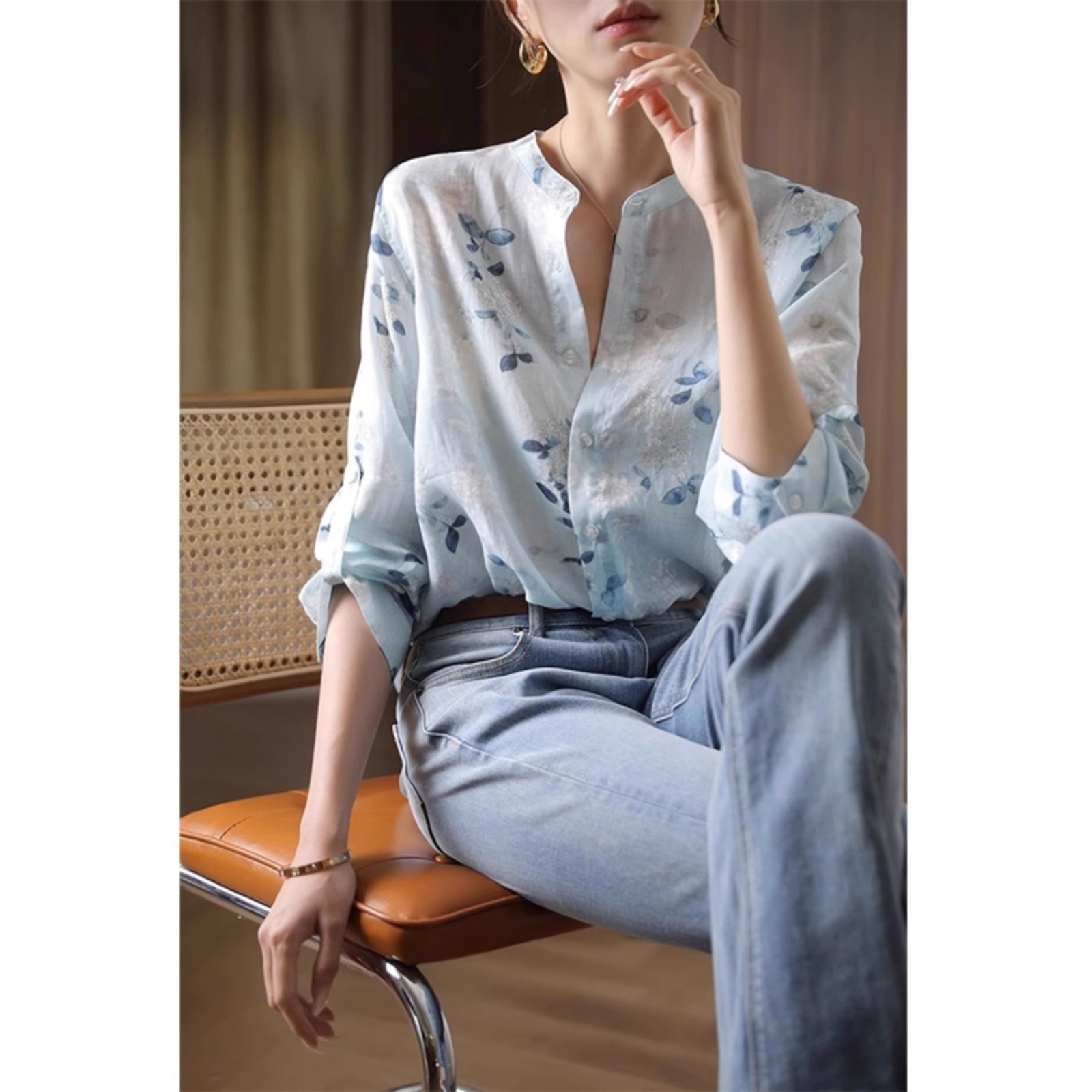 チャイナ服　花柄プリント立襟チャイナ風シャツブラウス