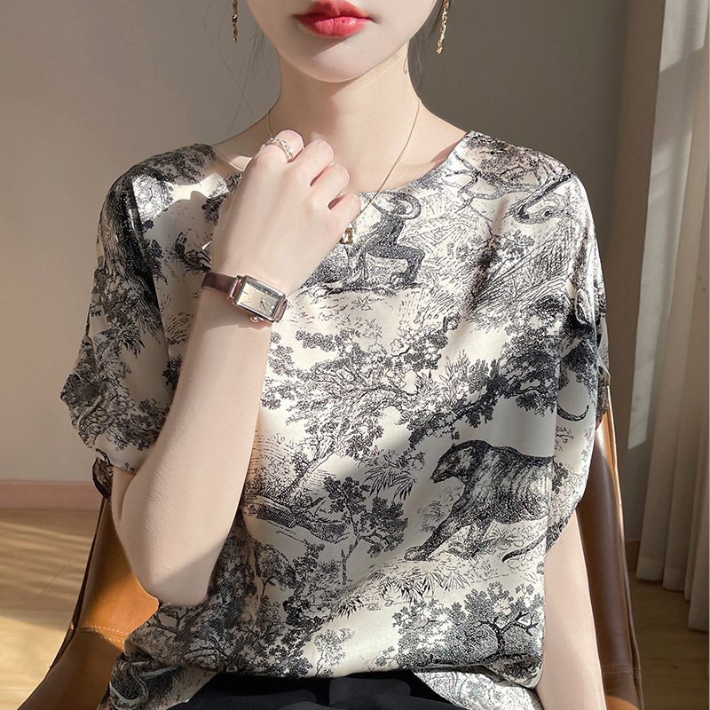 チャイナ服 水墨画風龍鳳柄チャイナ襟シャツ