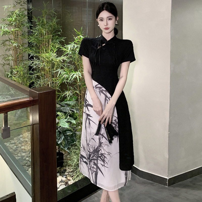 チャイナ服 水墨竹林柄切替チャイナワンピース