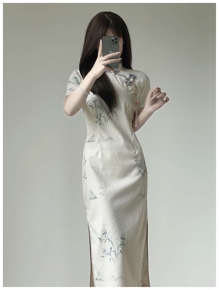 チャイナ服  竹柄刺繍入りチャイナドレス
