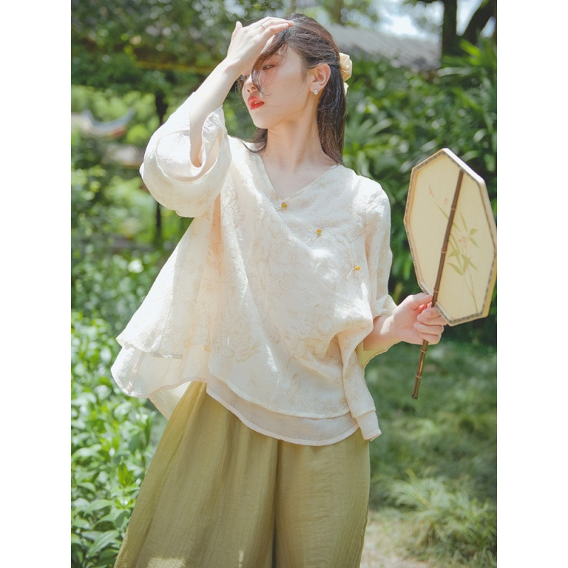 チャイナ服 斜襟シアーブラウスとワイドパンツの上品チャイナ風セットアップ