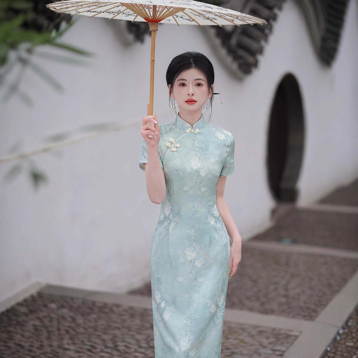 チャイナ服 花柄ジャカード半袖ロングチャイナワンピース
