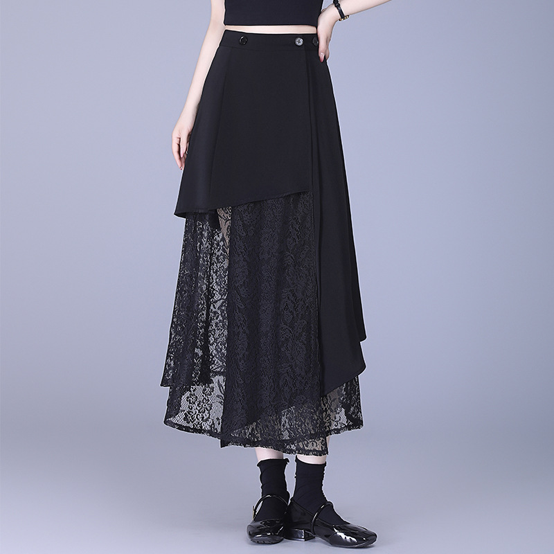 チャイナ服 繊細レース重ね不規則裾チャイナ風ロングスカート