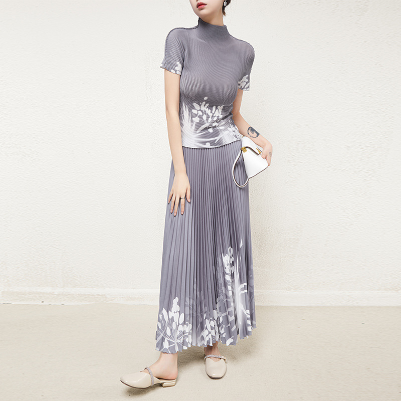 チャイナ服 花柄プリーツスカート半袖トップスセット