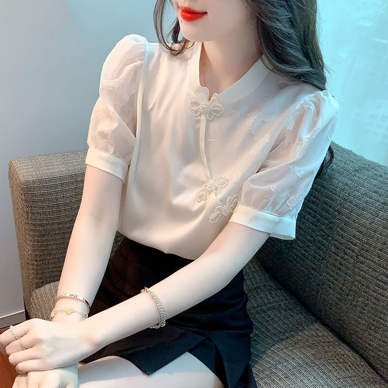 チャイナ服 刺繍花柄チャイナボタン半袖ブラウス
