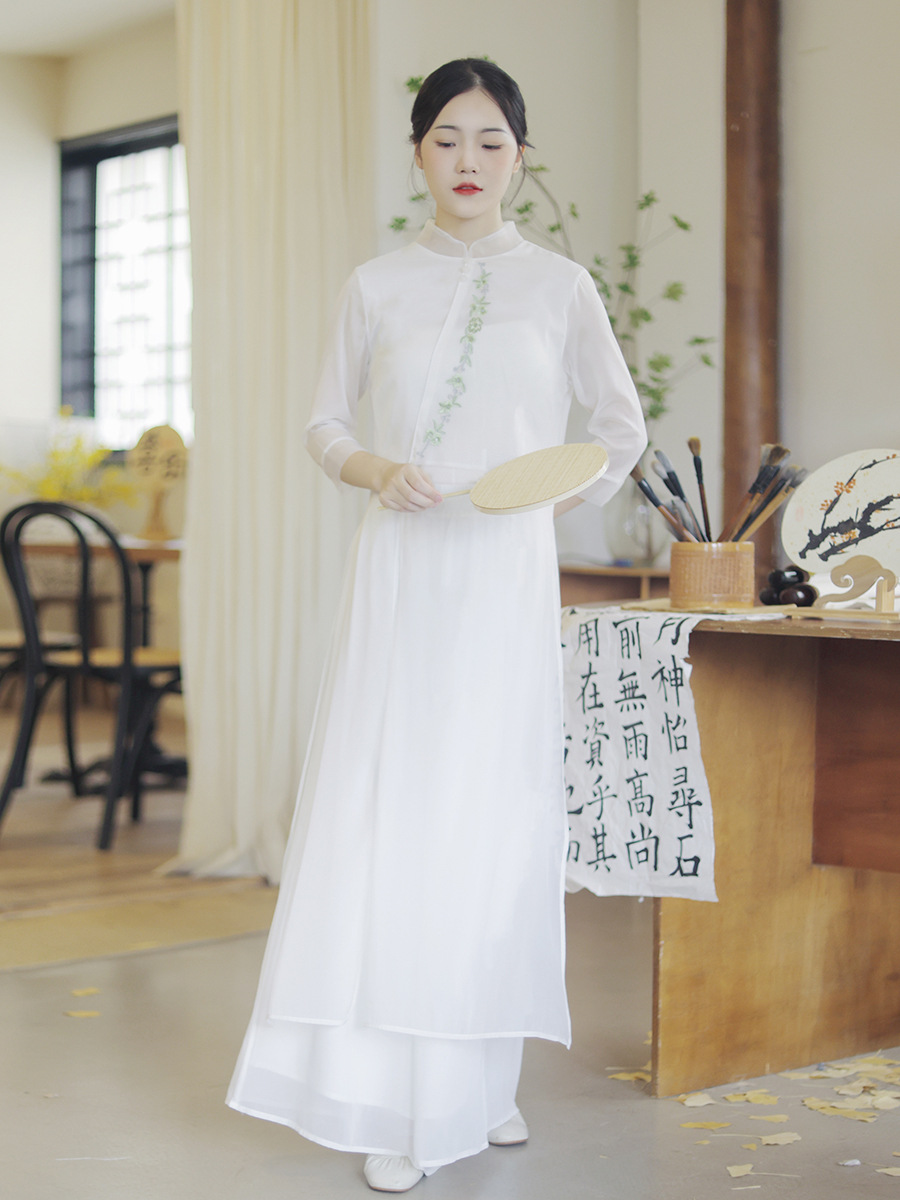 チャイナ服 花刺繍スタンドカラー上品チャイナ服ロングセット