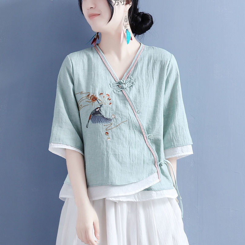 チャイナ服 鶴刺繍斜め襟チャイナ風ブラウス