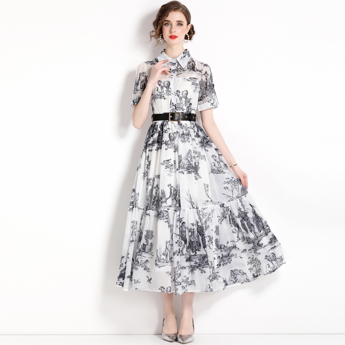 チャイナ服 山水風景柄襟付き半袖ロング丈ワンピース